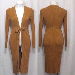 House of Harlow Knit Open Front Belted Long Sleeve Cardigan Sweater Dress S